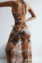 Abstract Print Tie Halter Bikini And Slit Midi Dress Swimsuit Set