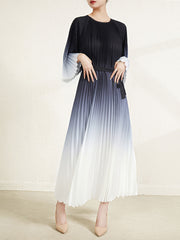 Pleated Oversized Loose-Fitting Pattern Print Organ Pleated Long Sleeve Dress