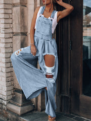 Ripped Denim Suspender Pants