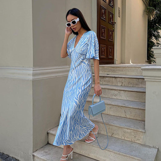 Short Sleeve Satin Draping Backless Printed Maxi Dress