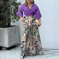 Cropped button-down top and floral wide-leg trousers set