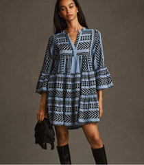 Printed Stitching Geometric Pattern Bell Sleeve Dress