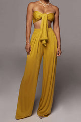 Tie Knot Front Ruched Tube Top And Pleated Wide Leg Pants