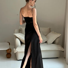 Mesh Stitching Suspender Skirt Slim Long Slit Dress