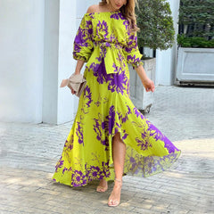 Floral-Print off-Shoulder Long Sleeve Large Swing Dress Long Dress