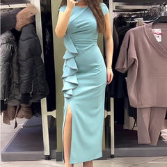 Solid Color Short Sleeve Sexy Slit Slim Fit Dress