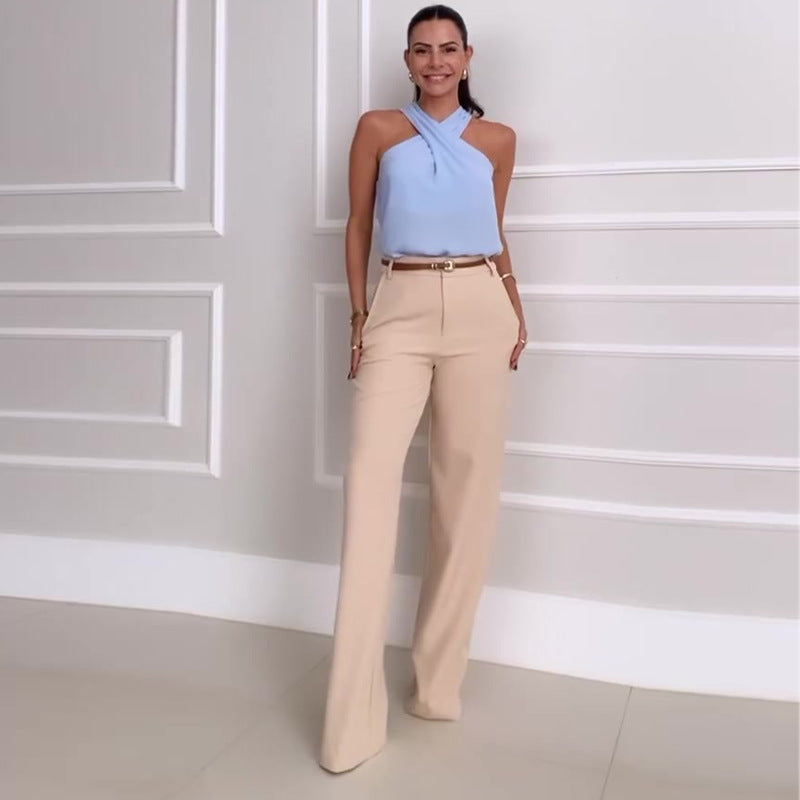 Cross-Halterneck Short Top Wide Leg Pants Casual Two-Piece Suit