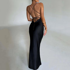 Sling Backless Lace up Satin Dress