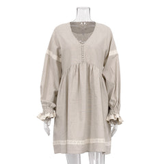 Cotton and LinenVCollar Lantern Sleeve Loose Dress