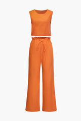 Solid Tank Top And Drawstring Wide Leg Pants Set