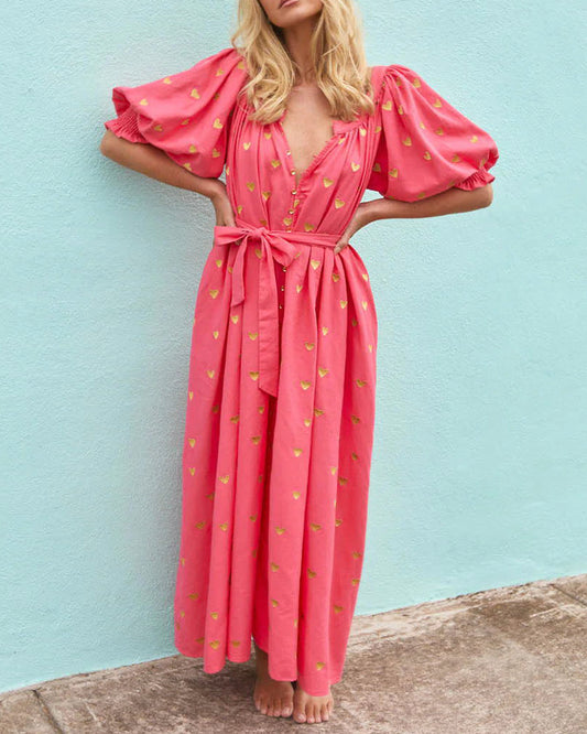 Oversized Loose-Fitting Pattern Print Cardigan Short Sleeve Maxi Dress