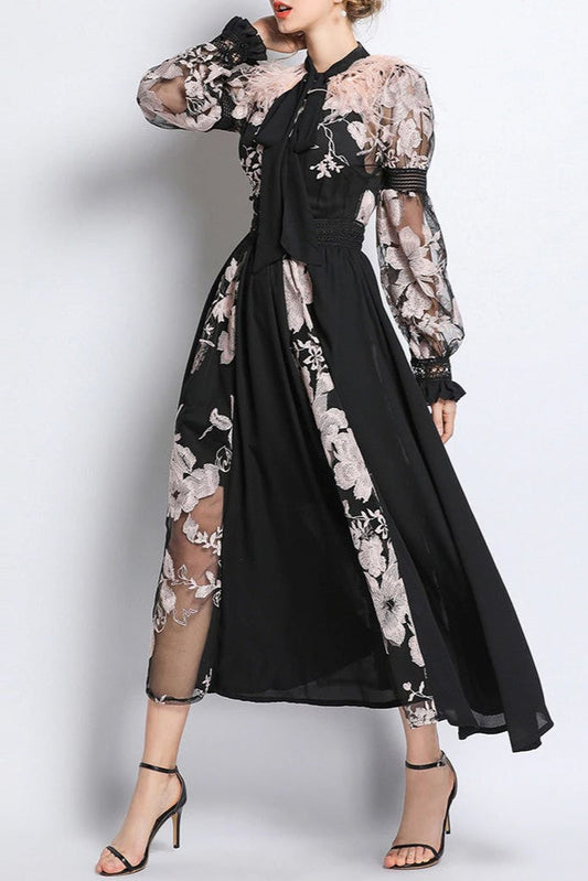 Long Sleeve Scarf Collar Lace Up Midi Dress