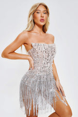 Charli Pearl Sequin Tassel Mini Dress-Silver