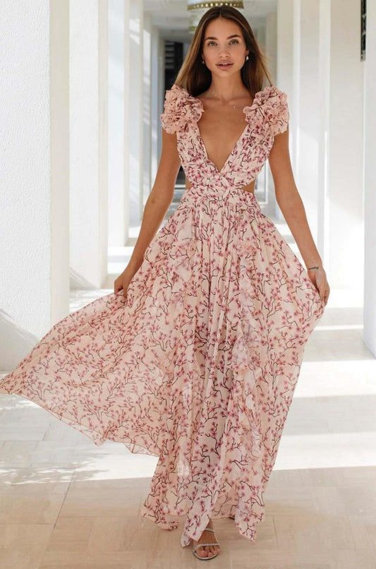 Floral V-Neck Tapered Waist Slit Midi Dress