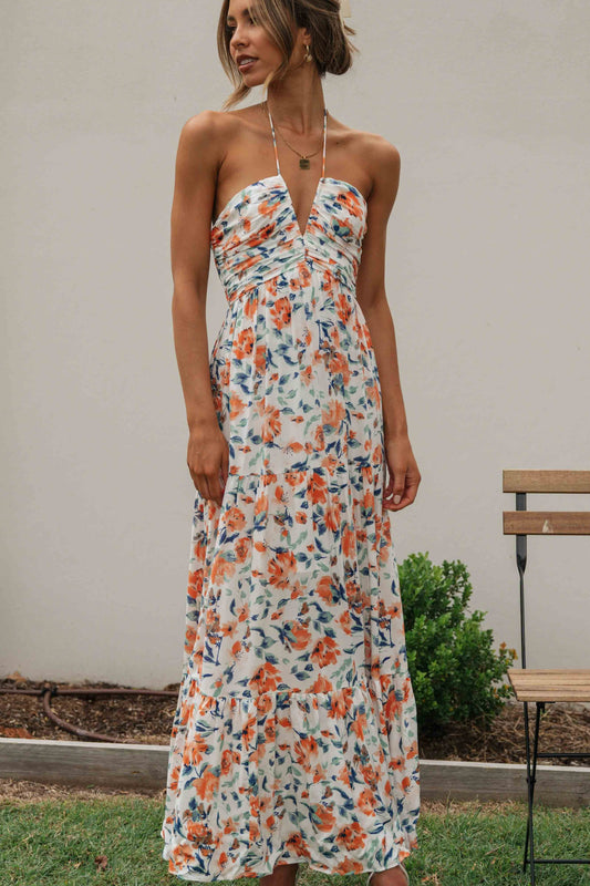 Floral V-Neck Backless Maxi Dress