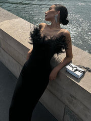 Naomi Black Feather Tassel Maxi Dress