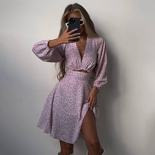 Long SleeveVCollar Printed Dress