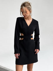 VCollar Hollow Long Sleeve DressAWord Black Dress Hepburn Style