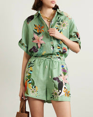 Casual Two-Piece Suit Cotton and Linen Printed Shirt+Shorts