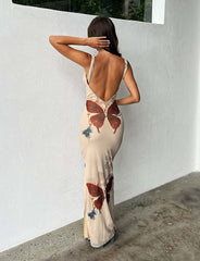 Butterfly Print Slim Fit Slit Long Dress