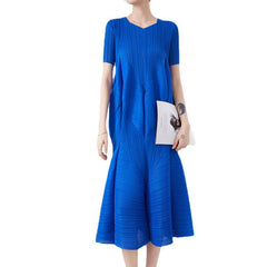 Pleated Short-Sleeved Fishtail Dress