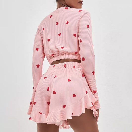 Pink Heart Printing Shorts Pajamas Suit Homewear