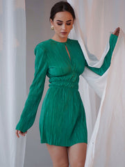 Green Pleated Dress round Neck Long SleeveALine skirt