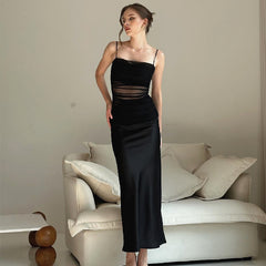 Mesh Stitching Suspender Skirt Slim Long Slit Dress