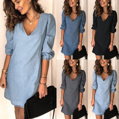 Solid ColorVCollar Denim Dress