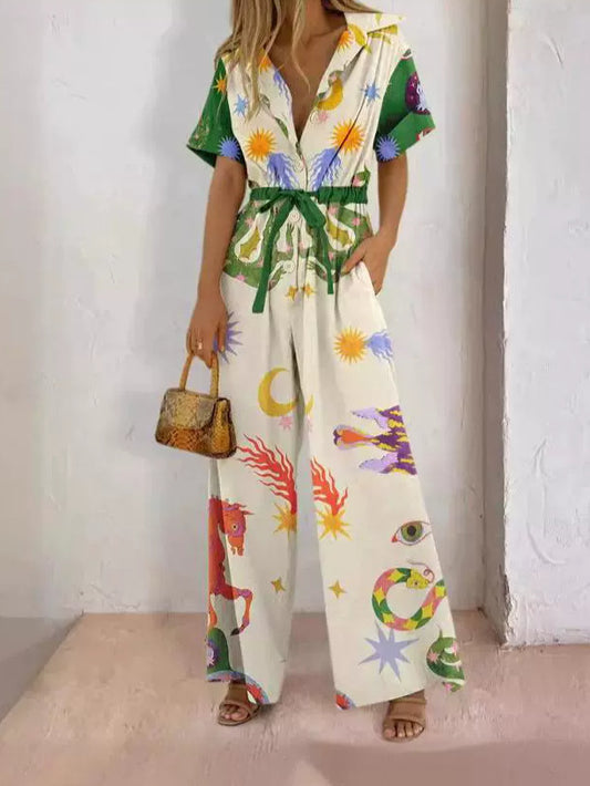 High Waist Lace Printing Jumpsuit Suit