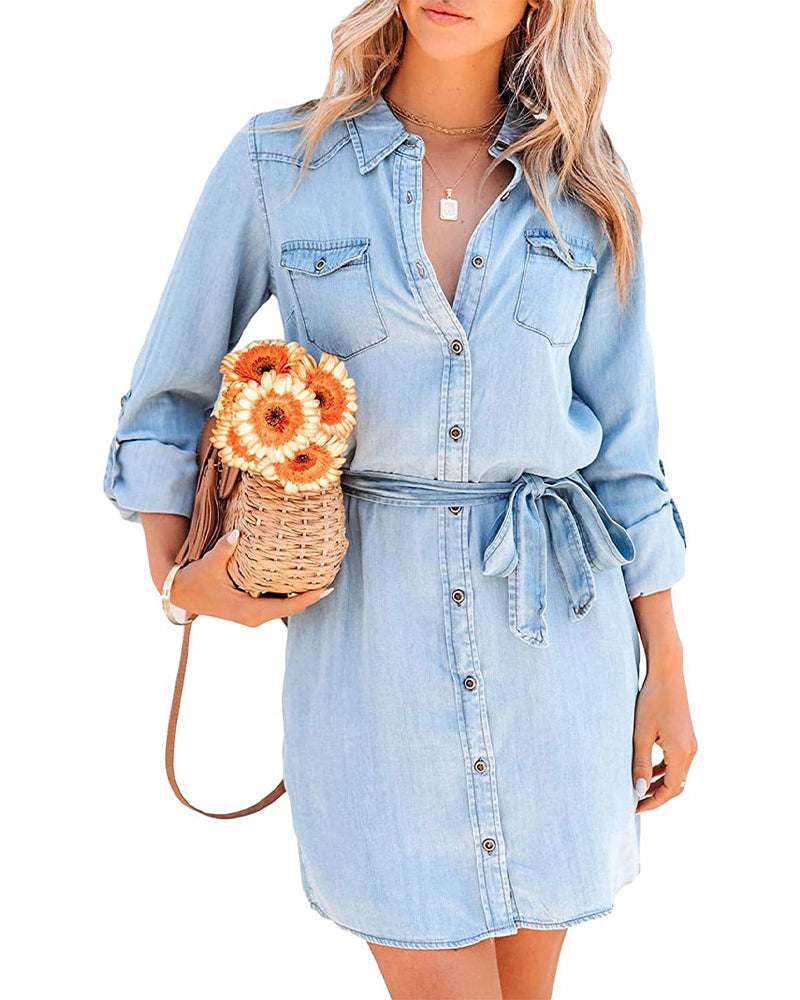 Lapel Long Sleeve Clinch Open Chest Waist-Controlled Lace-up Denim Jumpsuit