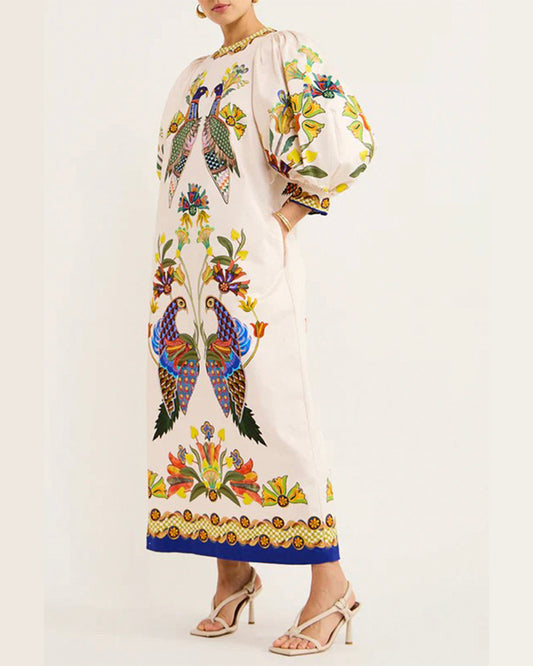 Printed Peacock 3/4 Sleeve round Neck Dress