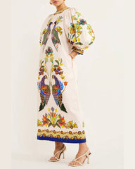 Printed Peacock 3/4 Sleeve round Neck Dress