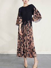 Pleated Oversized Loose-Fitting Pattern Print Organ Pleated Long Sleeve Dress