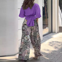 Cropped button-down top and floral wide-leg trousers set