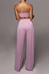 Tie Knot Front Ruched Tube Top And Pleated Wide Leg Pants