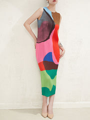 Color Matching Pleated Texture Slim-Fit Sleeveless Dress