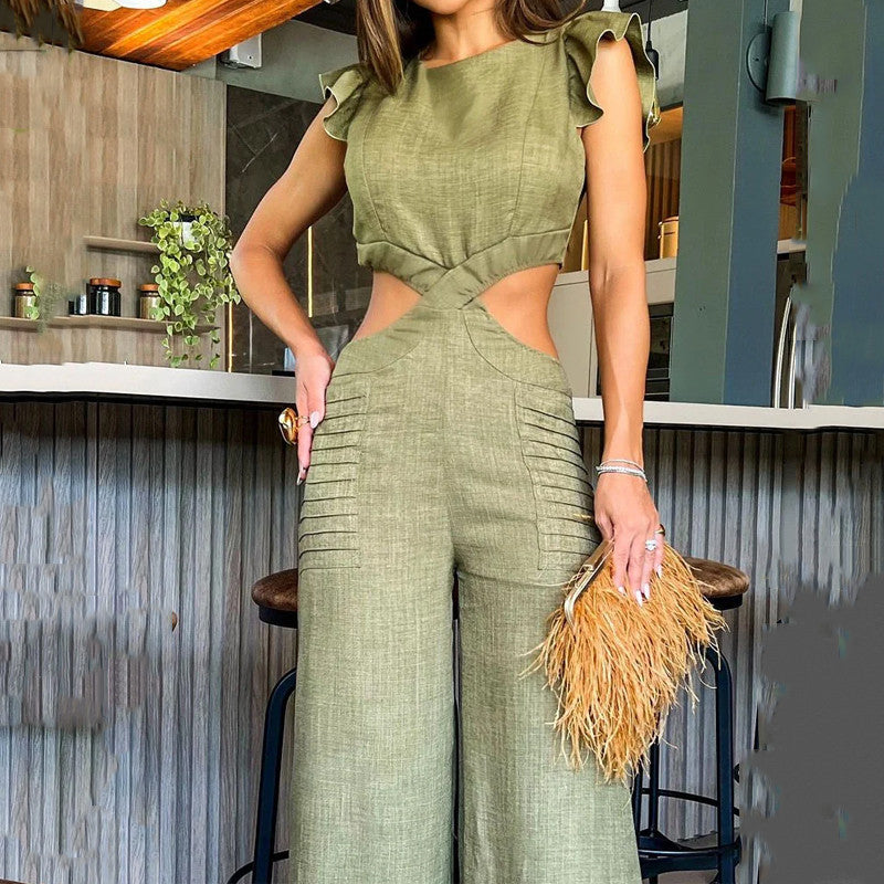 round Neck Ruffled Loose Trousers Jumpsuit