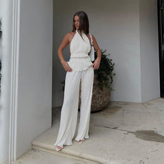 Halter Sleeveless Vest White Pleated High Waist Wide Leg Pants Suit