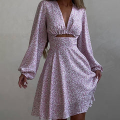 Long SleeveVCollar Printed Dress