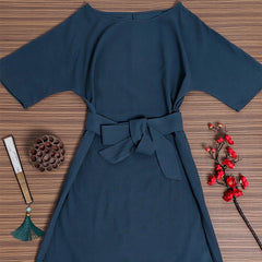 Lace-up Solid Color Half Sleeves round Neck Dress