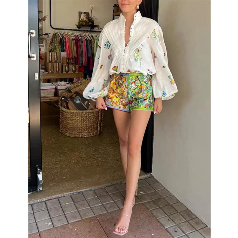 Printed Shirt Top Color Shorts Suit