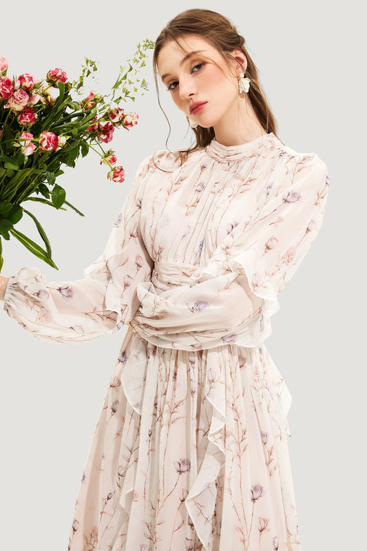 ZimmermaN Floral Round Neck Puff Sleeve Midi Dress