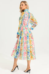 Floral Stand Collar Maxi Dress With Belt