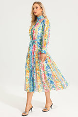 Floral Stand Collar Maxi Dress With Belt