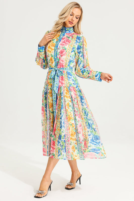 Floral Stand Collar Maxi Dress With Belt