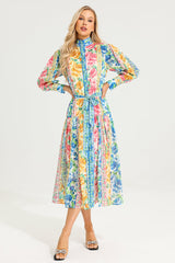 Floral Stand Collar Maxi Dress With Belt