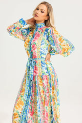 Floral Stand Collar Maxi Dress With Belt