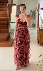 Deep Rose Print Ruffle Sleeveless Maxi Dress