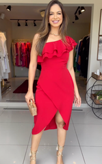 Classic Red One-shoulder Midi Dress